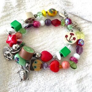 Vintage Hawaii Boho Tropical Charm Bracelets Pair - Silver, Glass, Resin 7-1/2”